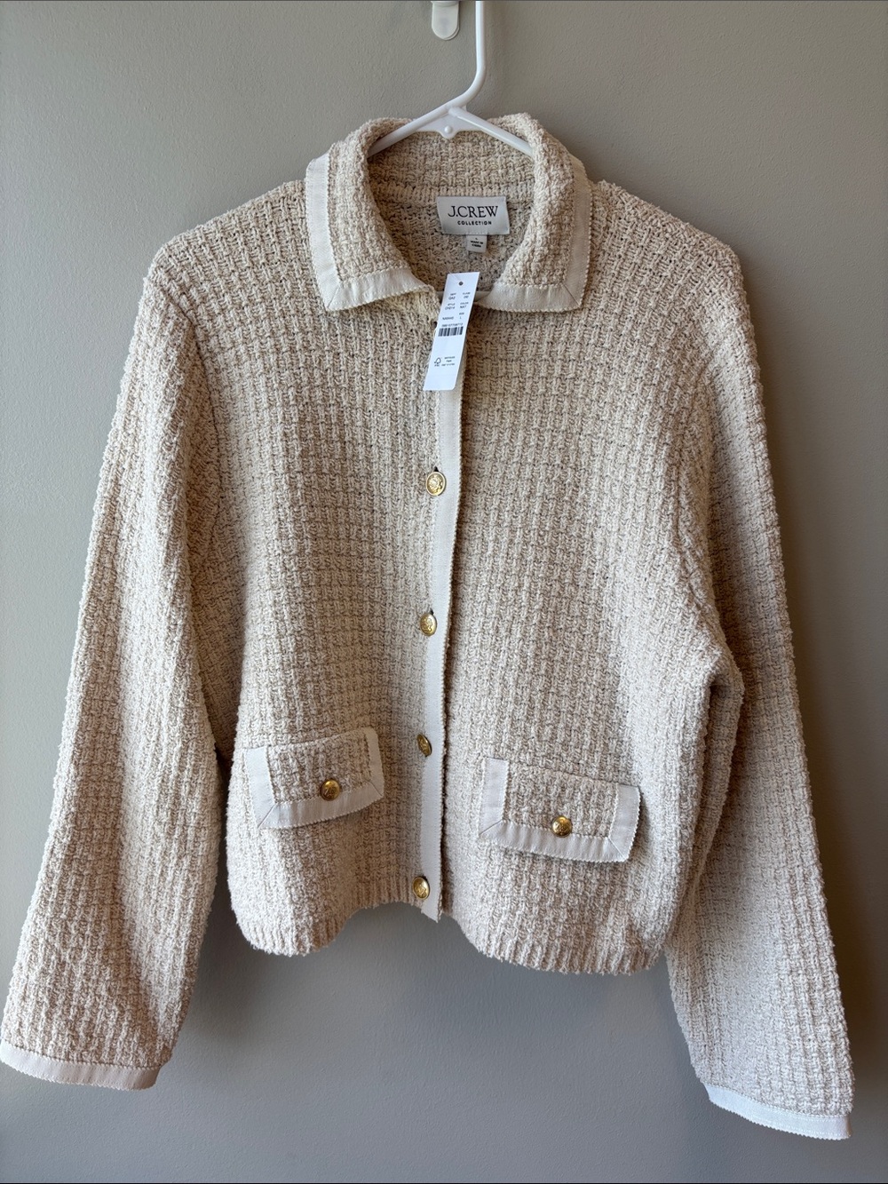 J. Crew Cream Textured Bouclé cardigan with Gold Buttons